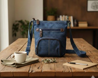 Handmade Denim Crossbody Bag for Women, Multi Pocket Small Shoulder Bag, Boho Organizer Purse, Travel Messenger Bag,Jean Wallet,Gift for Her