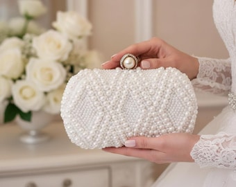 Elegant white Pearl Bridal Clutch Bag – Wedding Purse for Parties, Formal Events, Bridesmaid Gift, Luxury Evening Handbag