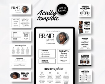 May include: A black and white Acuity template for a braiding business, featuring the text "BRAID by Beverly" and a photo of a woman with braided hair. Additional graphics include business hours, contact info, and booking policies.