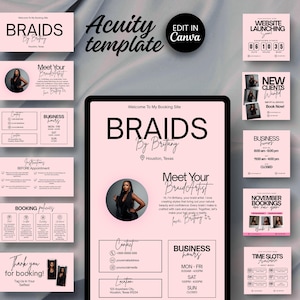 May include: Pink and black digital marketing templates for a hair braiding business. The templates include business cards, booking information, and website launch details. The text includes "BRAIDS By Brittany" and "Meet Your Braid Artist".