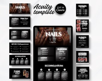 Könnte beinhalten: Ein schwarz-weißes Acuity-Template für ein Nagelstudio mit verschiedenen Werbegrafiken. Die Hauptgrafik zeigt den Text "NAILS by Imani" mit einem Foto von manikürten Nägeln. Zusätzliche Grafiken umfassen Geschäftszeiten, Buchungsrichtlinien und einen Website-Countdown.
