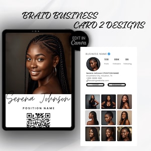 May include: Digital business card design featuring a portrait of a woman with braided hair. The card includes the name "Serena Johnson", a QR code, and social media profile details. The design is in black and white.
