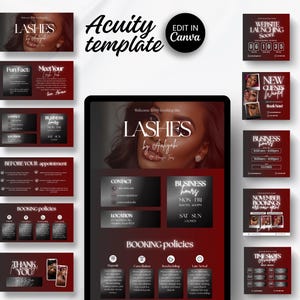 Könnte beinhalten: Ästhetische Geschäftsvorlage in Dunkelrot und Schwarz. Das Design zeigt Werbegrafiken für Wimpern, Buchungsdetails und eine Website-Startankündigung. Der Text enthält "Lashes by Aaliyah" und "Edit in Canva".