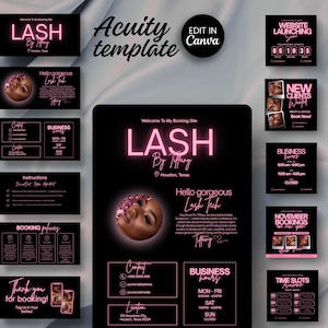 May include: Acuity template for a lash tech business, featuring a black and pink design. The design includes business cards, booking information, and promotional materials. The text includes "LASH By Tiffany" and "Hello gorgeous Lash Tech".