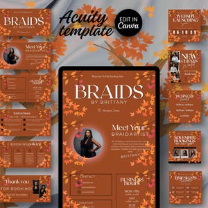 May include: A digital template set for Acuity featuring a fall-themed design with orange and brown autumn leaves. The graphics include text such as BRAIDS BY BRITTANY, MEET YOUR BRAIDARTIST, and BUSINESS HOURS, displayed on various rectangular layouts.