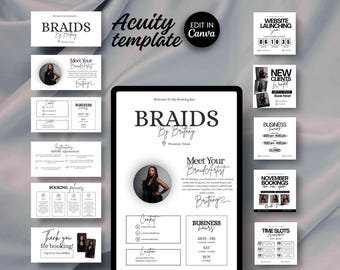 May include: A digital marketing template for a braiding business, featuring a black and white design. The template includes sections for booking information, business hours, and a website launch announcement. The text "BRAIDS By Brittany" is prominently displayed.
