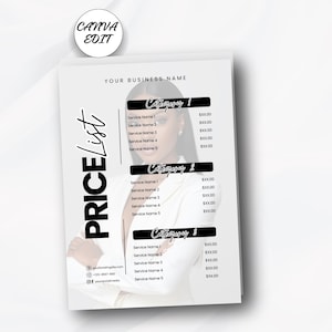 May include: A white price list template with the words "PRICE LIST" in large, black, stylized font. The template includes sections for service names and prices, with the text "YOUR BUSINESS NAME" at the top. The Canva Edit logo is in the top left corner.