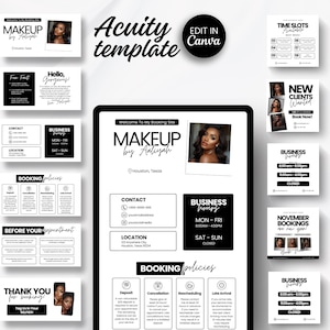 May include: A digital template in black and white for a makeup artist, with the text "Makeup by Aaliyah" and "Edit in Canva." The design includes booking information, business hours, and client testimonials.