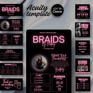 Peut inclure: Modèle numérique noir et rose pour une entreprise de tresses capillaires, avec le texte "BRAIDS By Brittany" et une photo d'une femme. Graphiques supplémentaires : horaires, informations de réservation et détails des réseaux sociaux.
