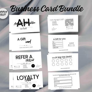 May include: A collection of white business cards with black text, including a gift card, loyalty card, and referral card. The cards feature various designs and text, such as "Hair Stylist" and "50% Off Your Total Services". The words "Business Card Bundle" are at the top.