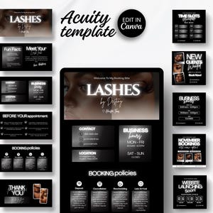 Puede incluir: Plantilla digital en blanco y negro para un negocio de pestañas, con el texto "Lashes by Destiny" y "Acuity template". El diseño incluye información de reserva, horario comercial y un temporizador de cuenta regresiva para el lanzamiento de un sitio web.