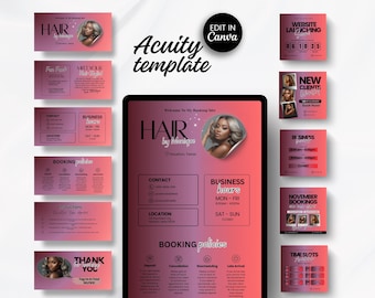 May include: A digital marketing template for a hair salon, featuring a gradient pink and red color scheme. The design includes business cards, booking information, and promotional materials. The text includes "HAIR by Monique" and "Acuity template".