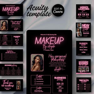 May include: A black and pink makeup artist template with the text "MAKEUP By Angela" and "Houston, Texas". The template includes business cards, booking information, and a website launch countdown. The words "Acuity template" and "EDIT IN Canva" are also visible.