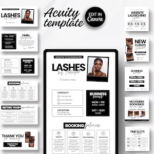 Può includere: Modello digitale in bianco e nero per un'attività di bellezza, con il testo "Lashes by Aaliyah" e "Acuity template". Il design include orari di apertura, politiche di prenotazione e informazioni di contatto, con una foto di una donna.