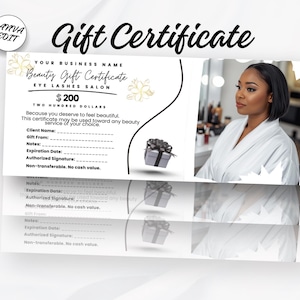 May include: A white gift certificate with the text "Gift Certificate" and "Beauty Gift Certificate" for an eye lashes salon. The certificate includes a photo of a woman and a gift box graphic.