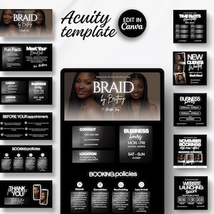 May include: A black and white Acuity template for a hair braiding business, featuring the text "BRAID by Brittany". The design includes business information, booking policies, and a countdown timer for a website launch.