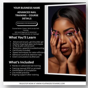 May include: An advertisement for advanced nail training. The image features a woman with long, colorful acrylic nails. The text includes course details, what you'll learn, and what's included, such as hands-on training and certification.