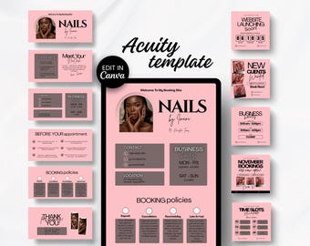 May include: A pink and gray Acuity template for a nail salon, featuring the text "NAILS by Imani". The design includes business information, booking policies, and social media icons. Additional squares promote website launch and new client bookings.