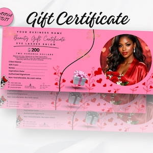 Könnte beinhalten: Rosafarbener Geschenkgutschein mit dem Text "Gift Certificate" und "Beauty Gift Certificate". Der Gutschein enthält ein Foto einer Frau und eine Geschenkbox-Grafik. Der Gutschein ist für 200 $.