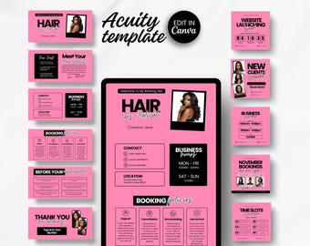 May include: Pink and black Acuity template for a hair salon, featuring the text "HAIR by Aaliyah" and various cards with information about booking, business hours, and contact details. Includes a photo of a woman with long hair.