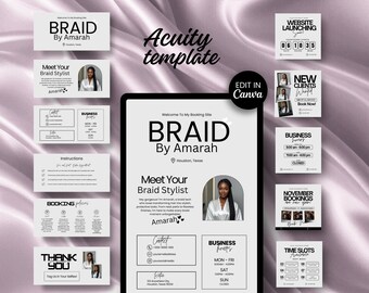 May include: A digital marketing template for a braid stylist, featuring a central tablet display with the text "BRAID By Amarah" and contact information. Additional cards showcase booking policies, business hours, and website launch details. The design is in black and white.