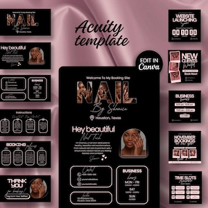 Può includere: Un modello Acuity nero e rosa per un salone di unghie, con il testo "NAIL By Shanice" e "Hey beautiful Nail Tech". Include informazioni sulla prenotazione, orari di apertura e un conto alla rovescia per il lancio del sito web. Modifica in Canva.