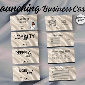 Op de afbeelding: Een verzameling visitekaartjes met een zachte, vloeiende achtergrond. De kaarten bevatten tekst als "Binnenkort gelanceerd!", "Loyaliteitskaart", "Verwijs een vriend" en "Cadeaukaart". Sommige kaarten hebben een QR-code en ruimte voor cadeaus.