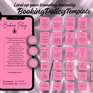 May include: A pink Booking Policy Template displayed on a smartphone, with additional pink cards. The phone screen shows booking policy details. The text reads "Level up your branding instantly."