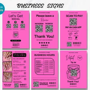 May include: A collection of bright pink business signs with black text. The signs include "Let's Get Social," "Please Leave a Review," "Scan to Pay," a price list, business hours, and a virtual tip jar. Each sign features a QR code.