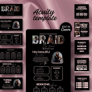 May include: A black and white graphic design for a hair braiding business, featuring the word "BRAID" with a photo-filled font. Additional promotional graphics include booking information and a website launch countdown.