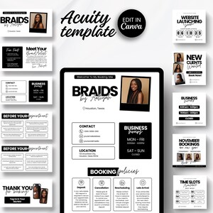May include: A black and white digital template for a hair braiding business, featuring the text "BRAIDS by Aliyah" and a photo. Includes business cards, booking information, and social media graphics. The template is designed for use with Canva.