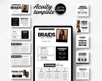 May include: A black and white digital template for a hair braiding business, featuring the text "BRAIDS by Aliyah" and a photo. Includes business cards, booking information, and social media graphics. The template is designed for use with Canva.