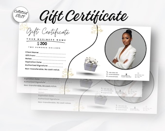 Editable White Gift Certificate Template Canva Printable Gift Voucher Instant Download Gift Card Modern Minimal Gift Certificate Design DIY