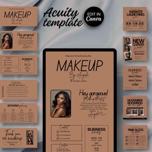 Könnte beinhalten: Ästhetische Vorlage für Maskenbildner mit neutralem Farbschema. Das Design umfasst Visitenkarten, eine Tablet-Anzeige und Social-Media-Grafiken. Der Text enthält "Makeup by Angela", "Hey gorgeous! Makeup Artist" und "Edit in Canva".