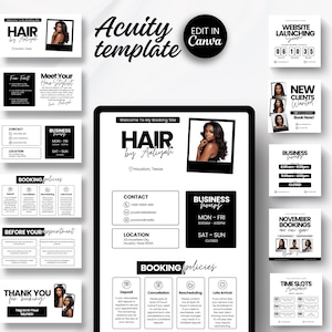 以下が含まれることがあります： 「HAIR by Aaliyah」のテキストとさまざまな情報カードを備えた、美容師ビジネス用の白黒テンプレート。テンプレートには、連絡先の詳細、営業時間、予約ポリシー、プロモーショングラフィックのセクションが含まれています。