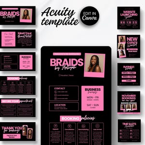 May include: A black and pink Acuity template for a braiding business, featuring the text "BRAIDS by Aaliyah" and a photo. Includes business information, booking policies, and social media graphics.