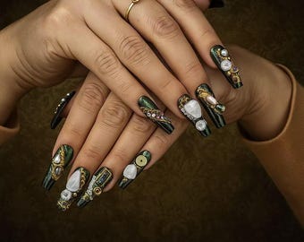 Luxury Black Gemstone Press On Nails Baroque 3D Gold Chain Design with Marble Crystals Handmade Nail Art Long Coffin Shape