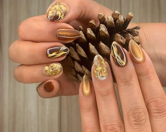 Gold Flower Press On Nails 20 mm Short Almond Brown Glitter Handmade Nails Set Boho Autumn vibe Elegant Reusable Set with day to day use