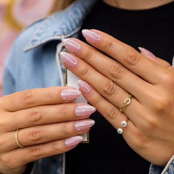 Uñas postizas cortas almendradas con lunares beige, color neutro, estilo minimalista para uso diario.