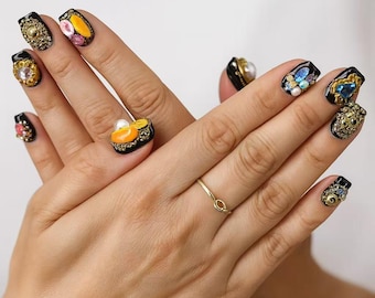 Luxury 3D Handmade Press On Nails with Black Gold Statement Gemstone Crystal Beaded Unique Couture.