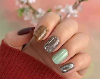 Neutral Braun und Grün Drücken Sie die Nägel 18 mm Kurze Quadratische Nägel Minimalistische Katzenaugen Glitzernägel Handgemachtes Elegantes Nagelset