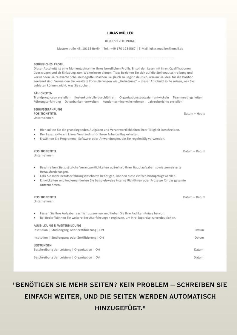 Professionelles CV Template Deutsch Modernes Design, Editierbar in