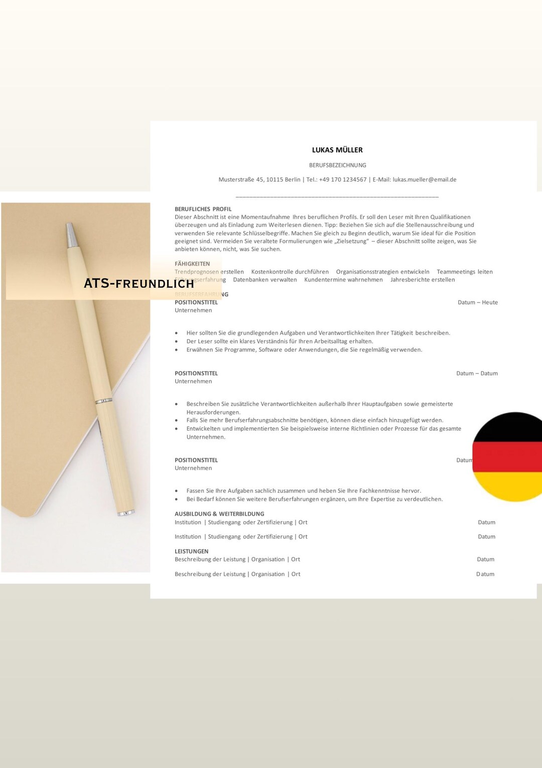 Professionelles CV Template Deutsch Modernes Design, Editierbar in