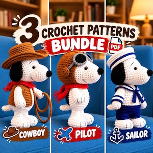 May include: A 3 crochet patterns bundle PDF featuring three white and black dog figures. One wears a brown cowboy hat, vest, and red scarf with a lasso. One wears a brown pilot cap with goggles and a red scarf. One wears a blue and white sailor suit.