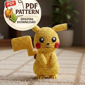 May include: A handmade yellow crochet Pikachu figure with black eyes, red cheeks, and a lightning bolt tail. The figure is standing on a light-coloured surface. A circular graphic above the figure reads "PDF PATTERN DIGITAL DOWNLOAD".
