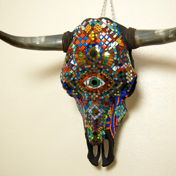 Mosaic Steer Skull made with Handcut Dichroic and Stained Glass Tiles. Original, OOAK.