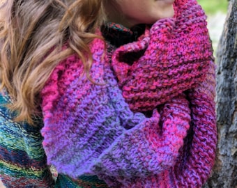 Hand knit bulky cowl scarf Gradient colors