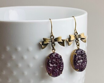 Vintage Deep Purple Japanese Glass Cab with Antique Brass Bow Earrings