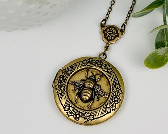 Antique Brass Petite Bee Locket Necklace