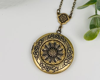 Antique Brass Sunflower Locket Necklace